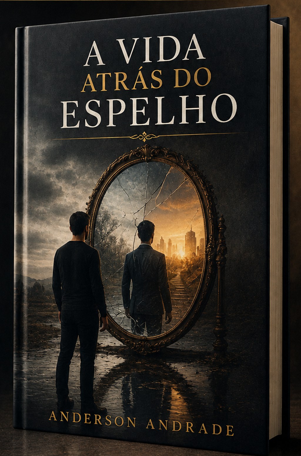 Capa do livro A Vida Atrás do Espelho, de Anderson Andrade, com um homem diante de um espelho antigo